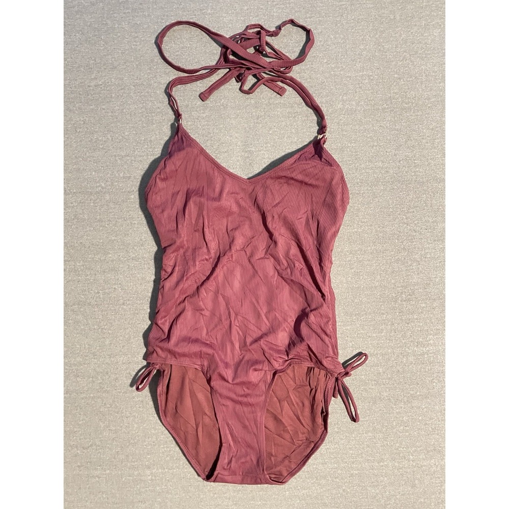 Time and Tru Ribbed One Piece Swimsuit Medium 8 10 Mauve Pink Side Tie Ruched